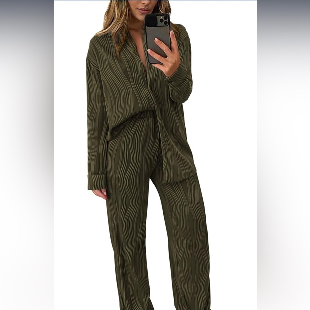 2 Piece Textured Sets Casual Button Down Shirt Wide Leg Pants Outfit